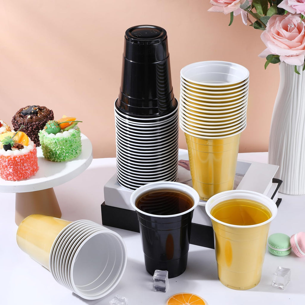 Sunnychicc 100 Pcs 16 oz Plastic Cups Disposable Party Cups Coffee Cup Heavy Duty Drinking Cup for Valentine Galentine Wedding Birthday Holiday Picnic New Year Party Beer Serving (Black,Gold)