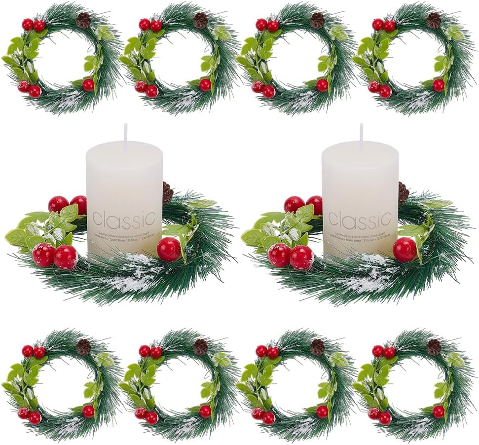 Skiennix Christmas Candle Rings - 10 Pcs Snowy Pine Wreaths for Festive Table Centerpieces & Decor