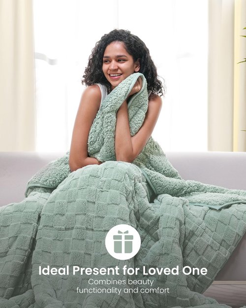 Drewin 15lbs Weighted Blanket Queen Size, Classy Soft Jacquard Checkered Sherpa Weighted Blankets for Sleep Natural and Calming, Cozy Fluffy Heavy Blanket for Sofa Bed, 60 x 80 inches, Sage Green