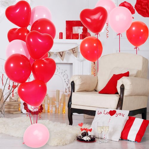 60Pcs Pink and Red Heart Shaped Balloons, Red Valentine's Day Balloons Set with Ribbon, for Wedding, valentines decorations, Marriage Proposal Props