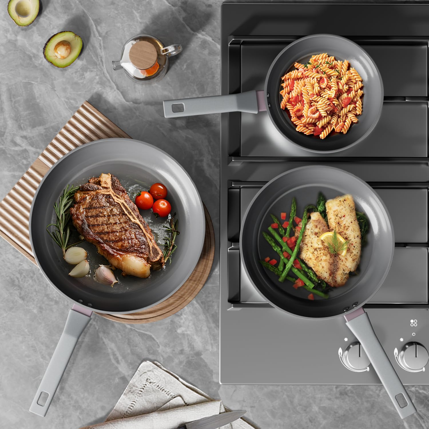 Sanho Nonstick Frying Pans Set, Ceramic Pan Skillet, Non Toxic Pans for Cooking, 8" 10" 12" Ceramic Frying Pan Set PFAS & PTFE & PFOA Free with Stay Cool Handle, Dishwasher & Oven Safe, Gray