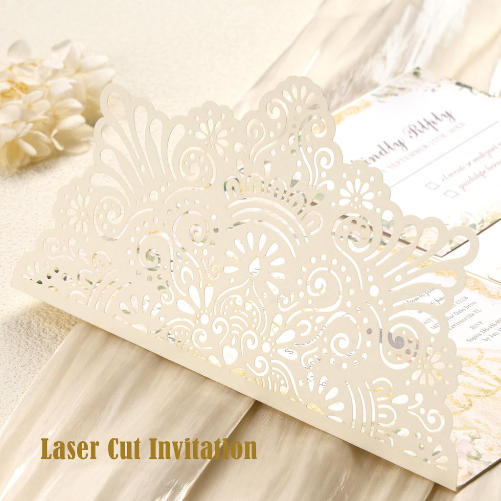 Mabbcoo 50PCS Custom Wedding Invitations with Envelopes and RSVP Cards, Blank Inner Sheets Party Invitation for Quinceanera Bridal Shower Birthday - Ivory