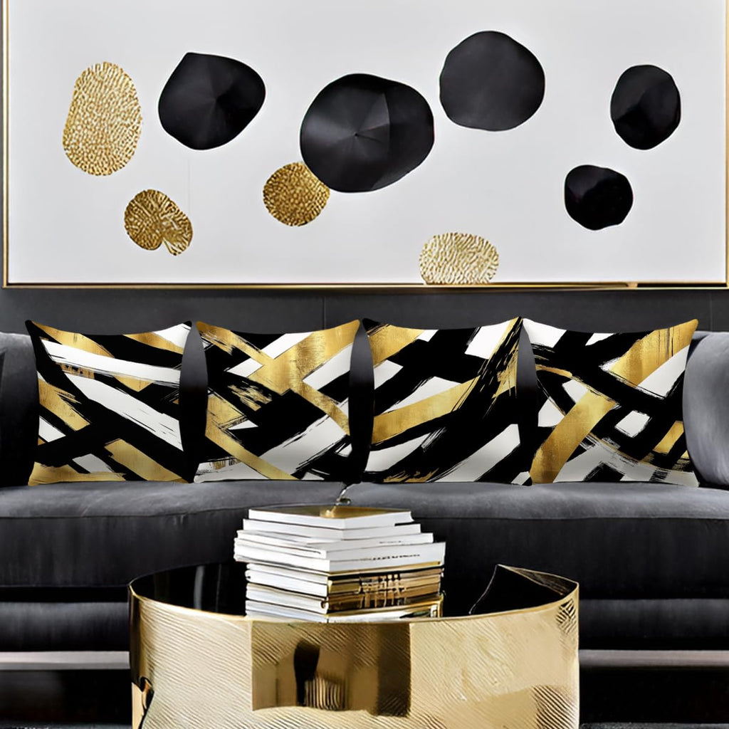 YAJTJX Black and Gold Pillow Covers Set of 4,18 x 18 inch Pillow Covers,Abstract Geometric Stripe Throw Pillows for Home Living Room Decor Sofa Couch Bedroom Pillow Cases