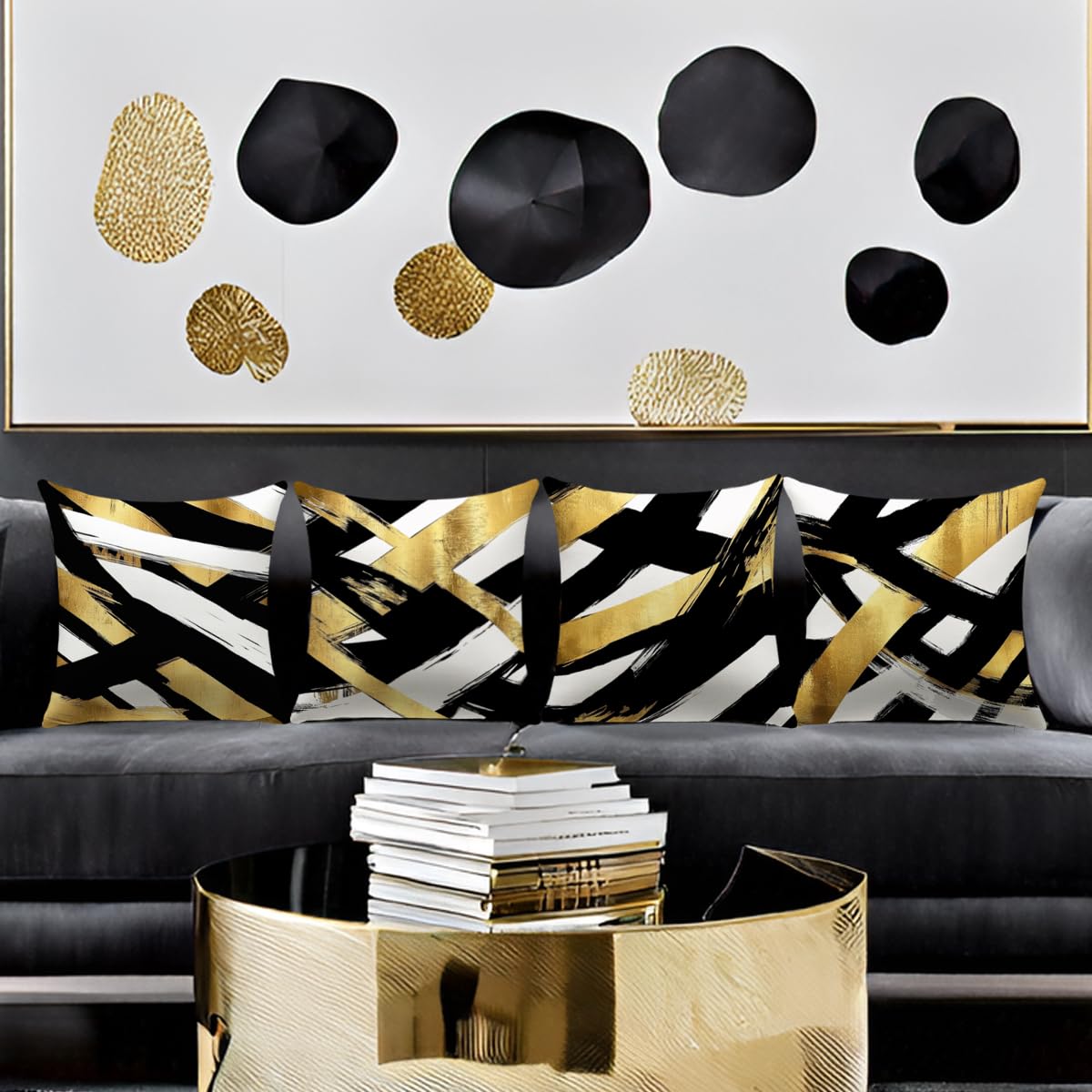 YAJTJX Black and Gold Pillow Covers Set of 4,18 x 18 inch Pillow Covers,Abstract Geometric Stripe Throw Pillows for Home Living Room Decor Sofa Couch Bedroom Pillow Cases