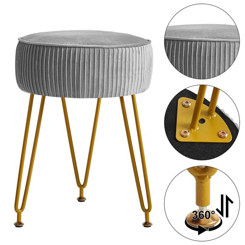 IBUYKE Velvet Round Footrest Ottoman, Makeup Vanity Stool Side Table, Dressing Table Seat, Pouf Couch Stool, Golden Steel Legs, Gray LG-30G
