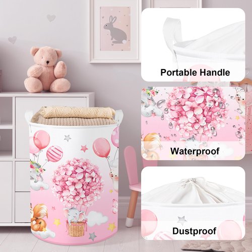 Clastyle 45L Hot Air Balloon Animal Laundry Basket Blooming Flowers Balloon Baby Nursery Basket Elephant Fox Bunny Basket Toy Clothes Pink Storage Basket for Girl Room Decor