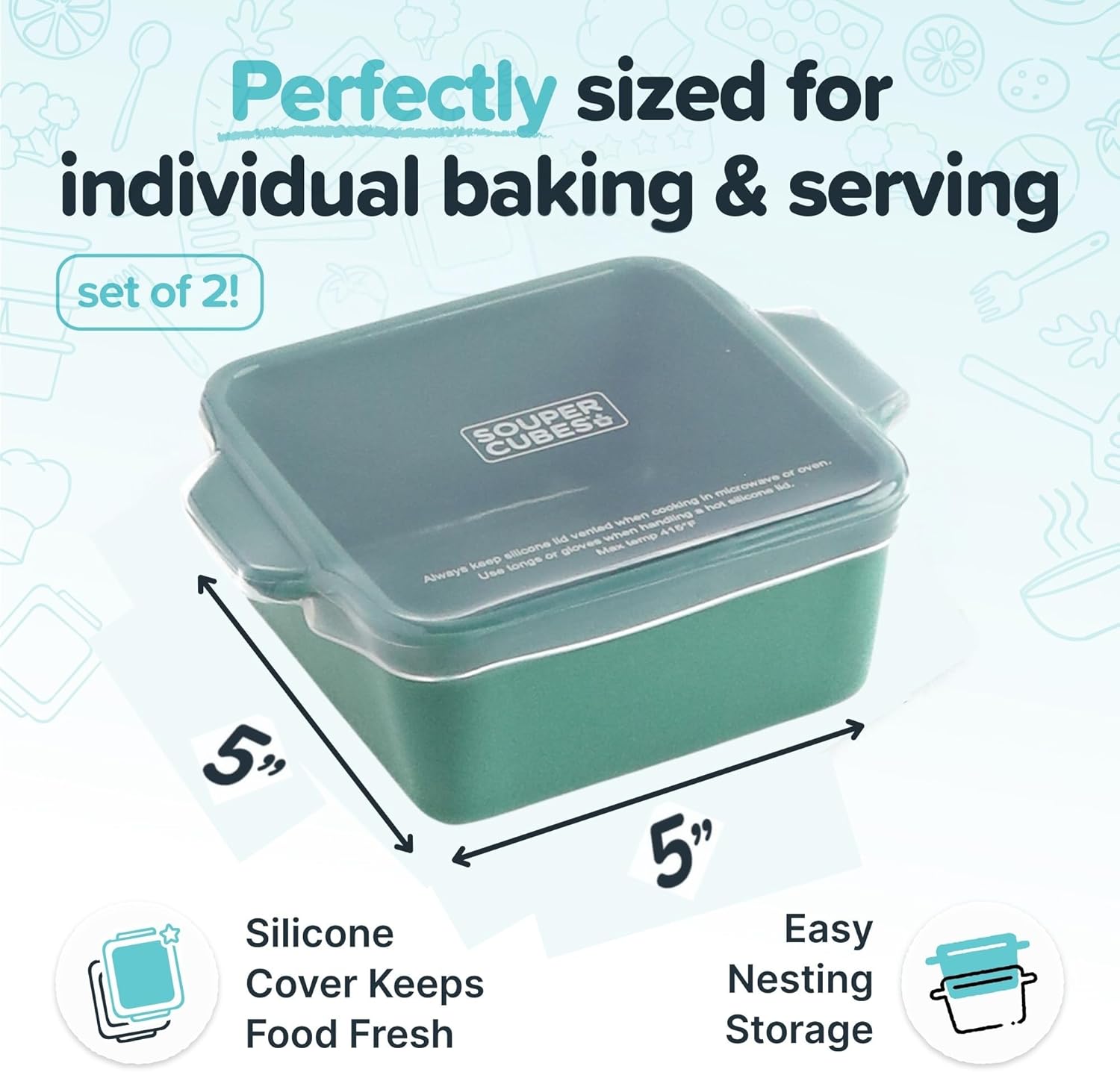 Souper Cubes Stoneware Baking Dishes - Premium 5" x 5" Mini Ceramic Set with Silicone Covers - Made in USA