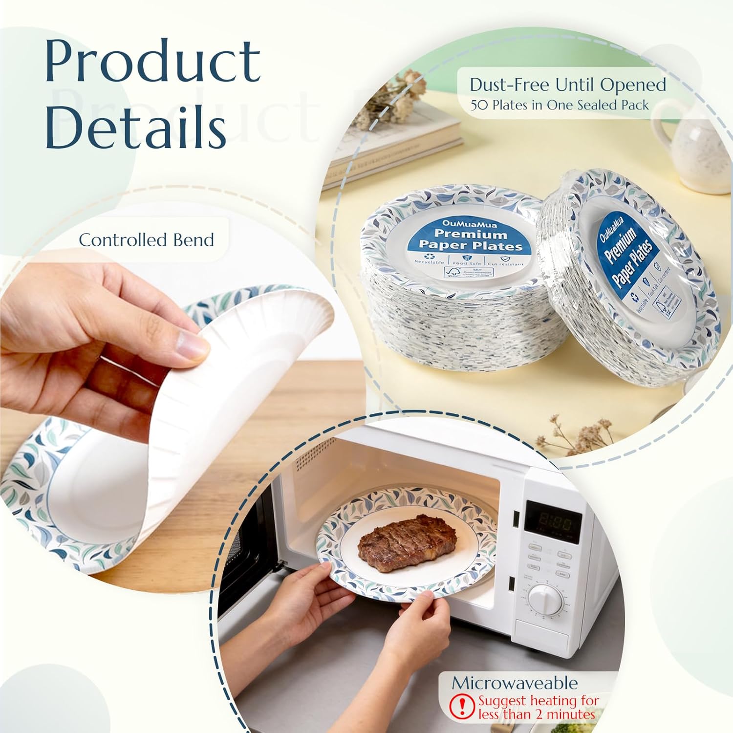 OuMuaMua 8.5 Inch Disposable Paper Plates - 300 Count, Soak Proof & Microwave Safe for Everyday Use