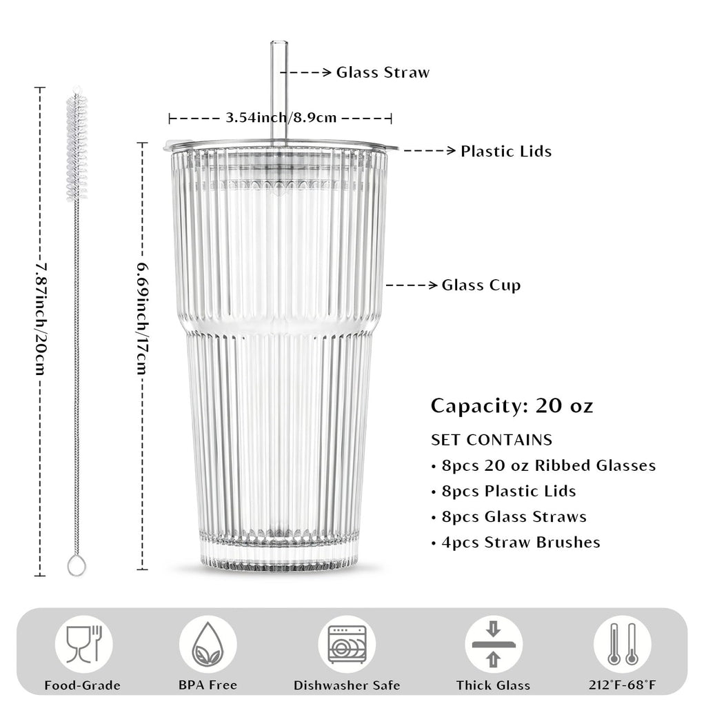 INSETLAN 8-Piece Glassware Set – 20 oz Ribbed Glass Tumblers with Lids and Glass Straws, Heavy-Duty Tumblers, Ideal for Iced Coffee, Smoothies, Cocktails, and Juices – Elegant and Durable Drinkware