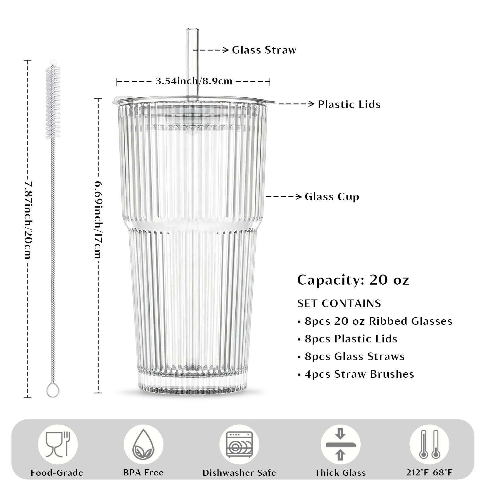 INSETLAN 8-Piece Glassware Set – 20 oz Ribbed Glass Tumblers with Lids and Glass Straws, Heavy-Duty Tumblers, Ideal for Iced Coffee, Smoothies, Cocktails, and Juices – Elegant and Durable Drinkware