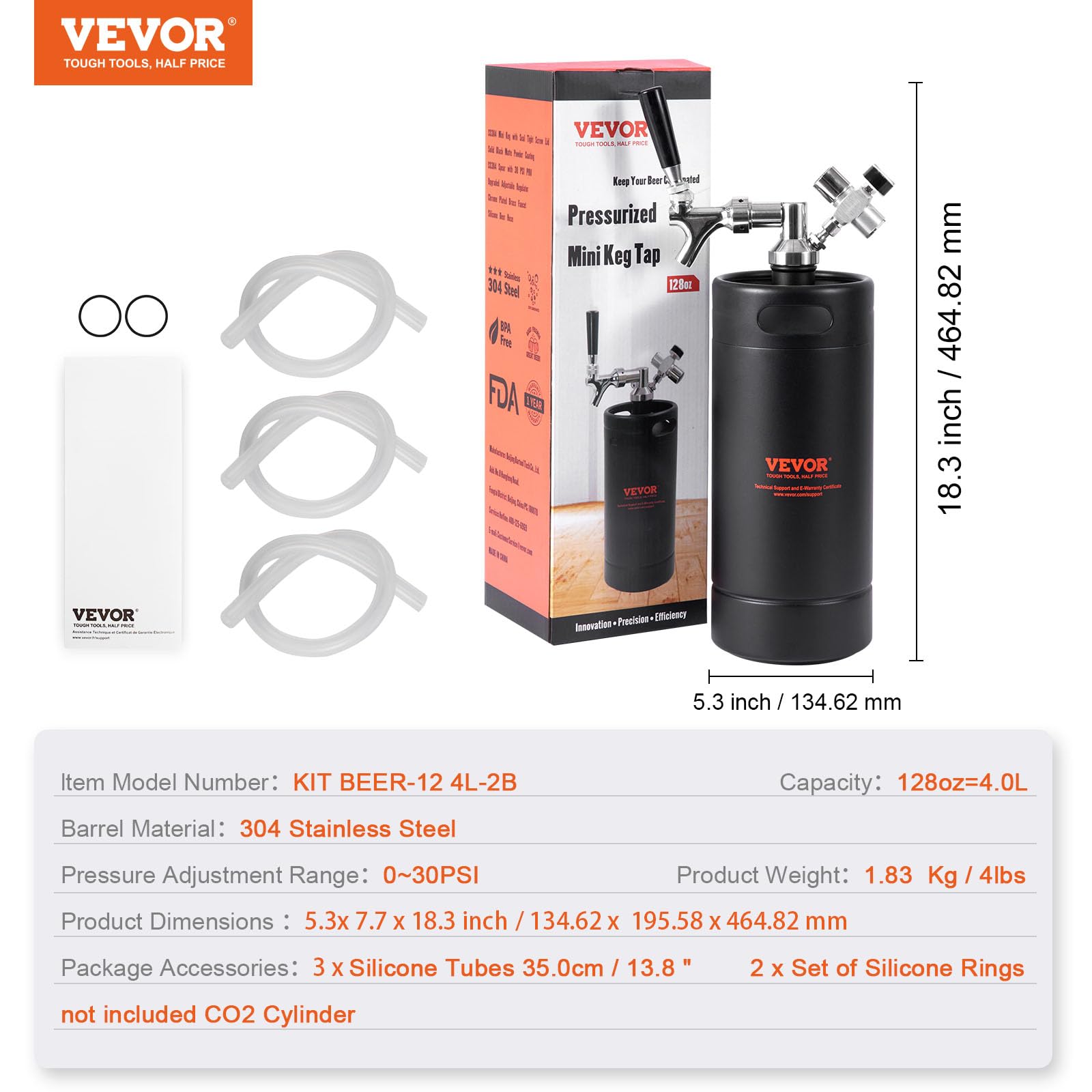 Beer Growler Tap System, 128Oz 4L Mini Keg, 304 Stainless Steel Pressurized Beer Growler, Keg Growler with Pressure Display, CO2 Regulator Faucet, Leak-Proof Ring For Draft, Homebrew, Craft Beer