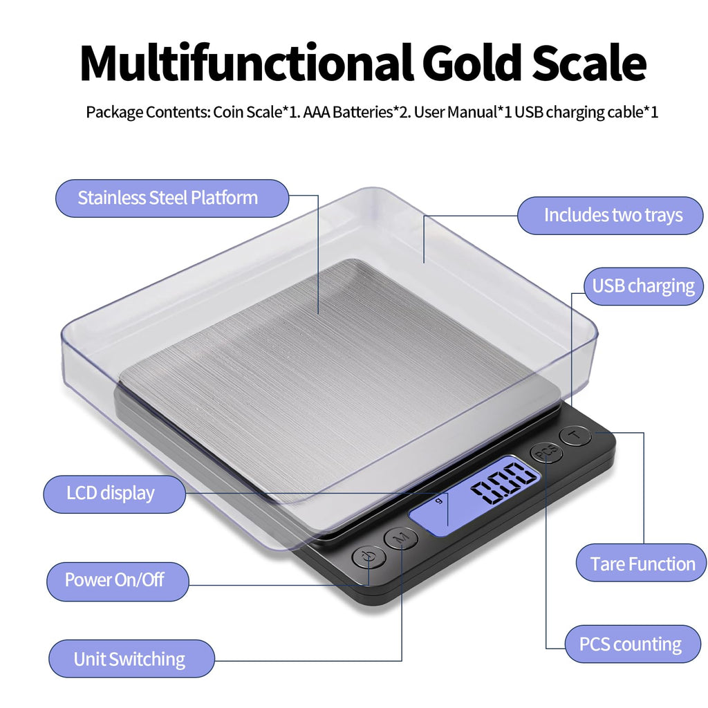 SKEAP Coin Scale to Weigh Coins, 1kg/0.01g High Accuracy Gram Scale for Coin Collectors, Gold and Jewelry, with USB Charging, LCD Display, PCS Counting, Includes Charging Cable and AAA Batteries