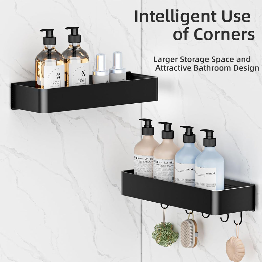 Wisfame Shower Caddy - No Drill Rustproof Aluminum Bathroom Shelf | 2 Pack Large Capacity with 5 Hooks - Black