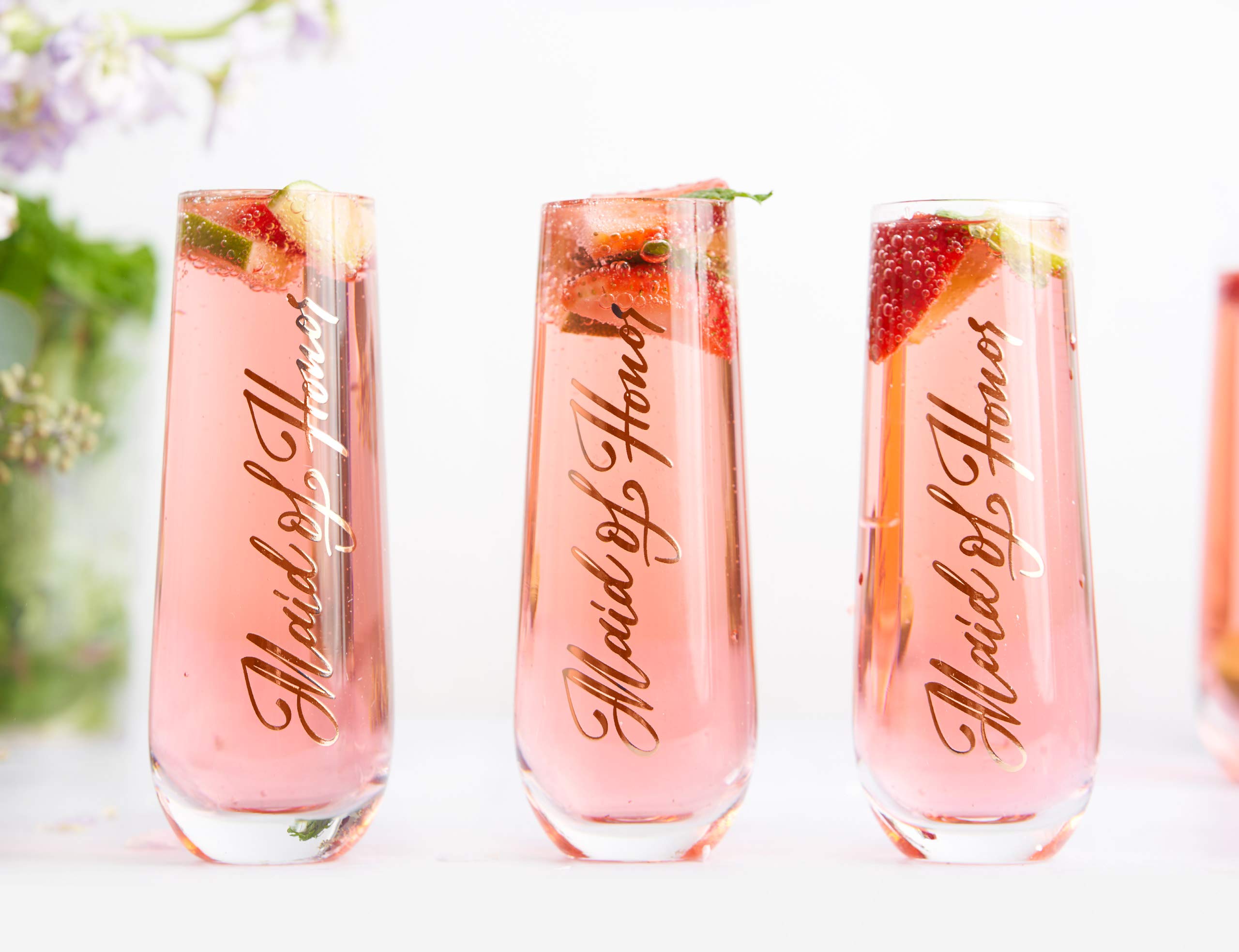 Bridesmaid Wine Glasses, Kook Bachelorette Party Champagne Glasses, 9.4 Oz (Bridal Set of 8), Stemless Glass Champagne Flutes, Cocktail Cups for Rose, Great for Weddings and Parties, Dishwasher Safe