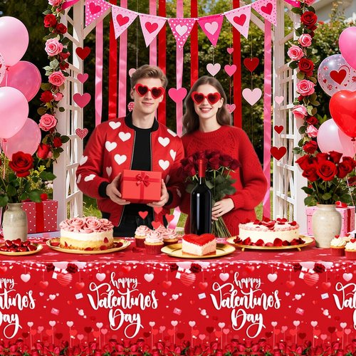 AIBIIN 3 Pieces Red Valentines Day Tablecloth Flower Happy Valentine's Day Decorations Disposable Party Supplies Valentines Day Party Plastic Table Cloth Disposable Table Covers 108 x 54 Inch