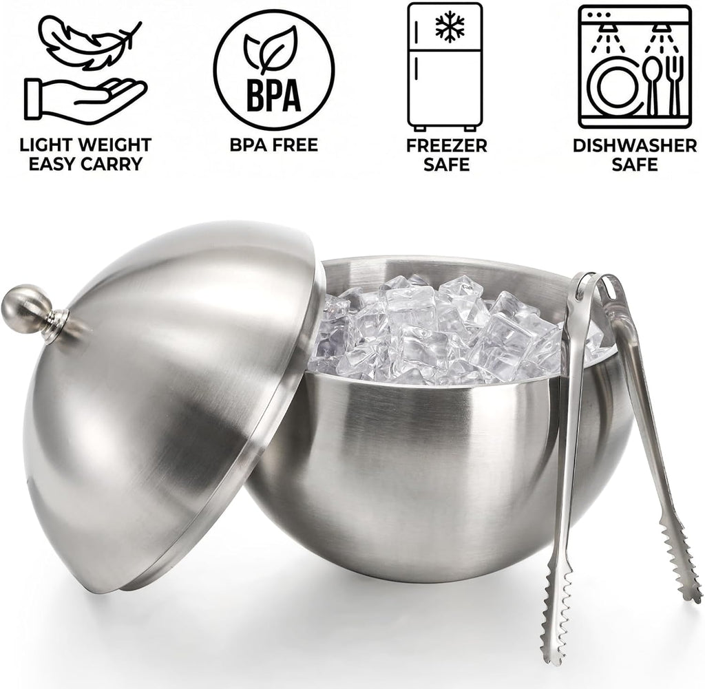 Yesland Ice Bucket with Lid, Double Insulation Ice Box Container Storage Box, 2 L Stainless Steel Ice Bucket Container with Ice Tong Scooper, Spherical Wine Champagne Barrel for Home Party Bar