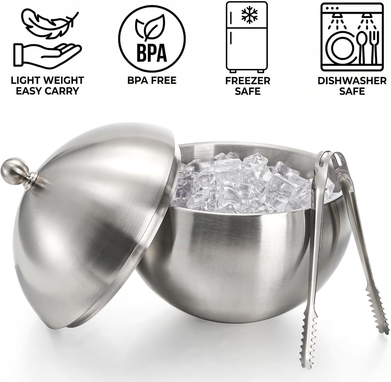 Yesland Ice Bucket with Lid, Double Insulation Ice Box Container Storage Box, 2 L Stainless Steel Ice Bucket Container with Ice Tong Scooper, Spherical Wine Champagne Barrel for Home Party Bar