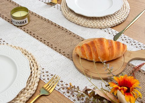 FEXIA Boho Table Runner for Home Decor with Out Tassels 72 Inches Long Farmhouse Rustic Table Runner Macrame Burlap Table Decoration for Living Room Bridal Shower(12x72 Inches)