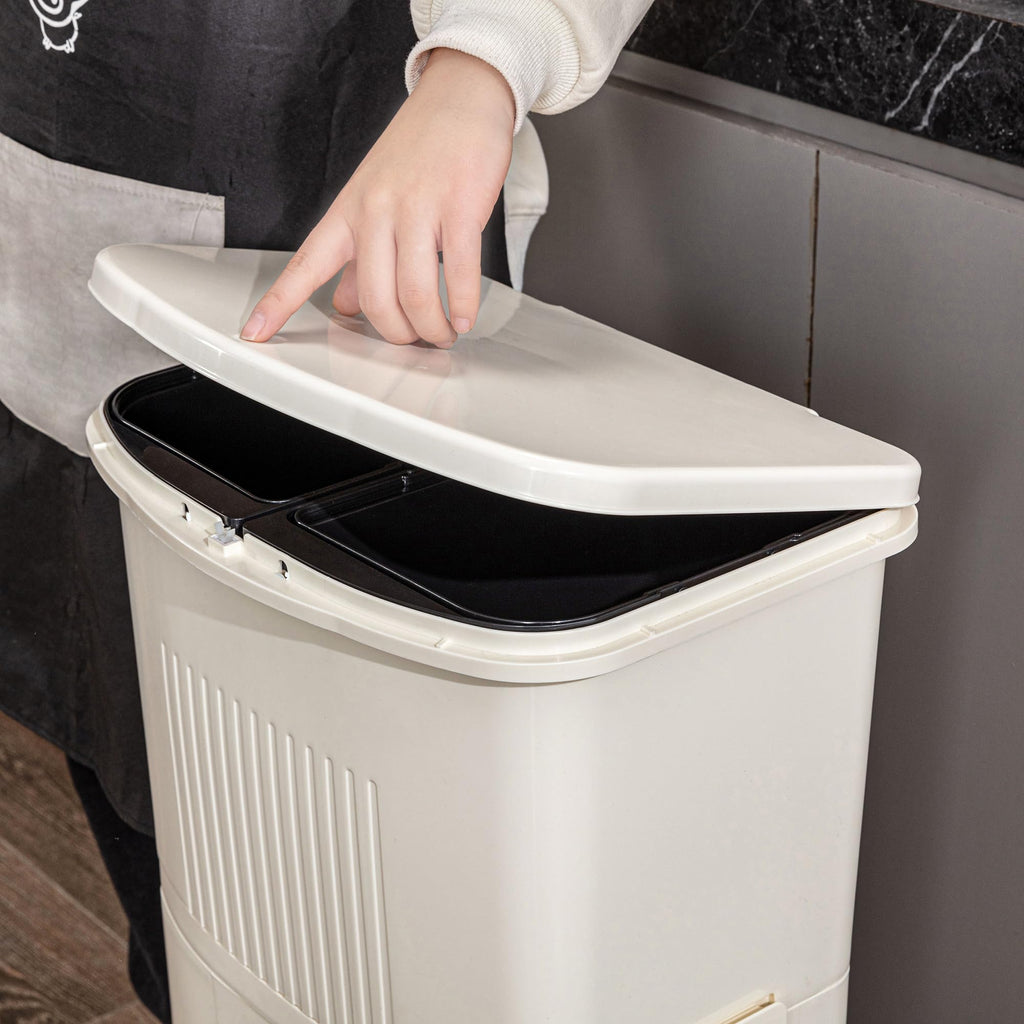 VECELO 12 Gal Kitchen Trash Can with Lid, Large-Capacity Double-Layer Sorting Trash Bin with Removable Inner Bucket, Vertical Trash Can with Drawer&Tissue Holder, Waste Container with Wheel,Step Pedal