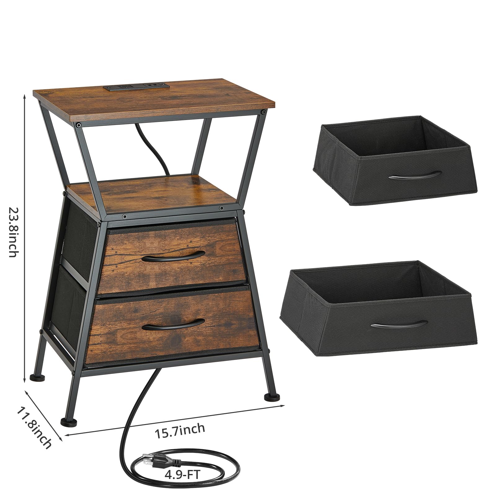ZEXVIDA Nightstand with Charging Station, Side Tables for Bedroom with Built-in USB Side Table with 2 USB Ports and Outlets Nightstand with Cloth Drawer End Tables Living Room Sofa Couch