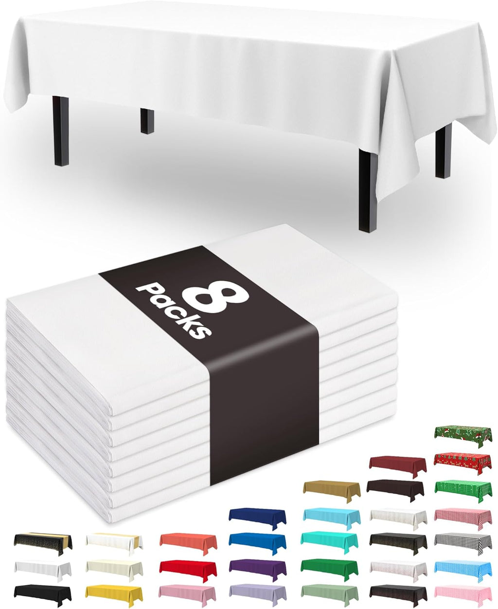 Pureegg 8-Pack White Disposable Tablecloths & 100 Heavy-Duty Black Plates | BPA-Free, Leakproof, 54x108 Inch