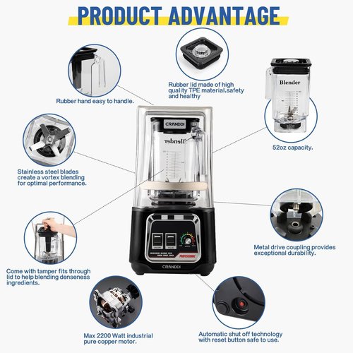 CRANDDI Commercial Blender - 2200W Quiet Smoothie Maker with Removable Shield | 52oz, Black, 38000 RPM