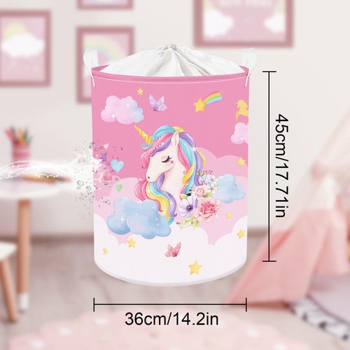 Clastyle 45L Pink Unicorn Laundry Basket for Girls Round Rainbow Kids Laundry Hamper Moon Stars Flower Cloud Toy Clothes Storage Basket