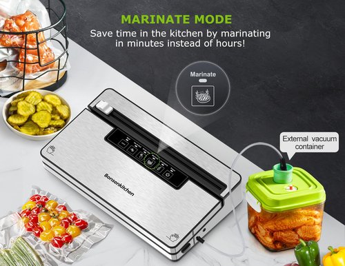 Bonsenkitchen Vacuum Sealer Machine, Stainless Steel Food Sealer Vacuum Sealers with 1 Roll & 5 Bags, 5 Food Vacuum Modes, Built-in Cutter & Bag Storage (Silver Black)