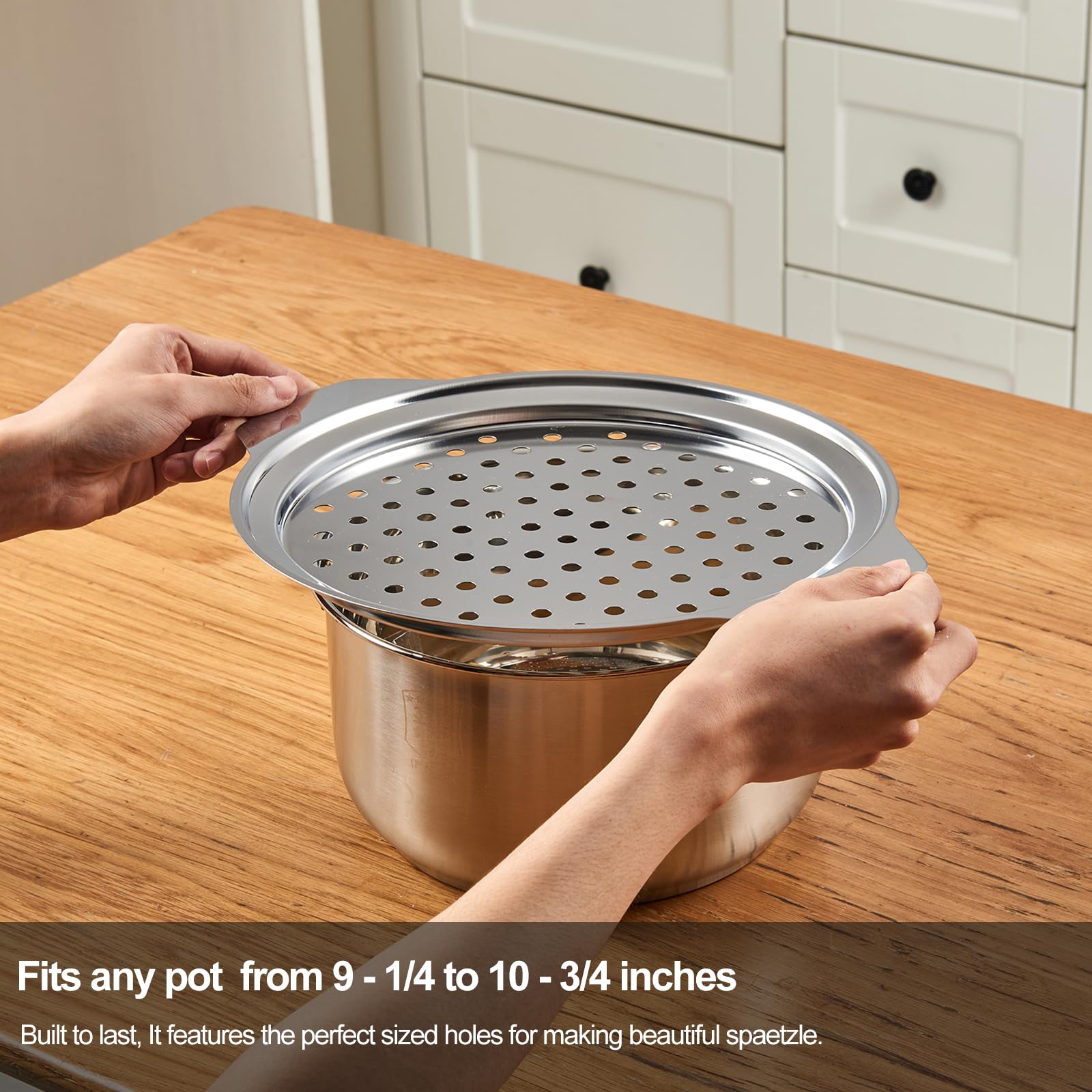 Premium Stainless Steel Spaetzle Maker Lid with Scraper, Traditional German Egg Noodle Maker Tools Pan Pot Pasta Veggies Strainer