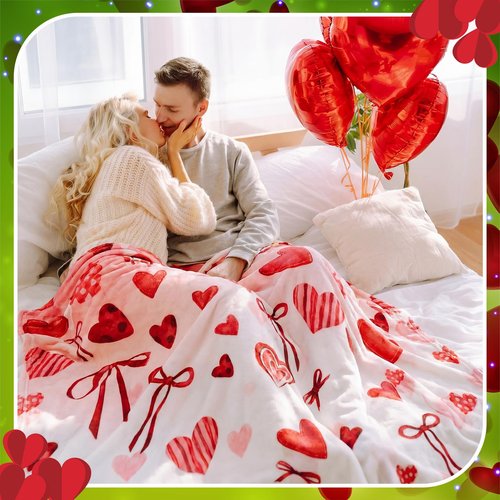Breling Valentine's Day St. Patrick's Throw Flannel Blanket Double-Sided Printing Green Four-Leaf Clover Red Heart Throw Blanket with Holiday Themed Print for Gift Couch Sofa Bed Home Decor 60"x50"