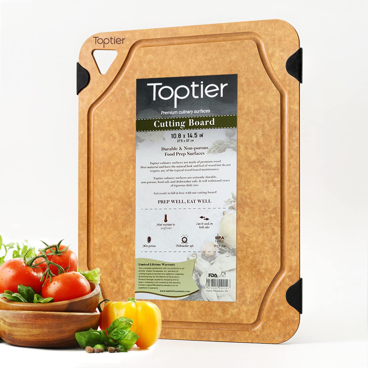 Cutting Board, Toptier Wood Fiber Cutting Board for Kitchen, Non-Slip Kitchen Wood Chopping Board, Reversible, Eco-Friendly, Natural Wood Fiber, Medium Cutting Board, 14.5 x 11-inch, Natural Slate