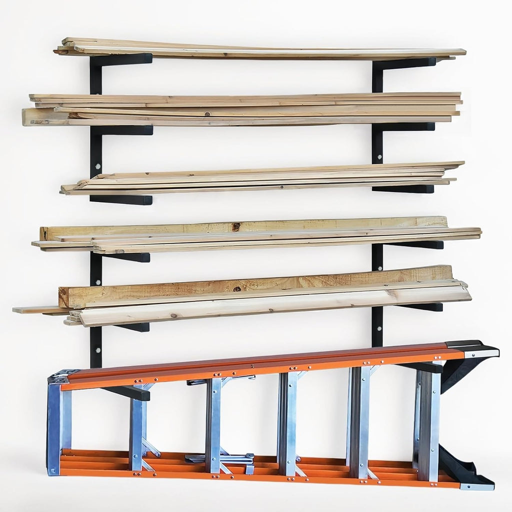 Wood Storage Racks - 3-Level Wall-Mounted Organizer by [Brand Name] | Durable Metal Lumber Shelving (Black - 4 Pack)