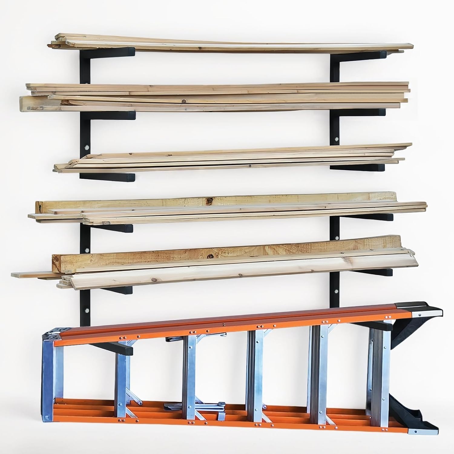 Wood Storage Racks - 3-Level Wall-Mounted Organizer by [Brand Name] | Durable Metal Lumber Shelving (Black - 4 Pack)