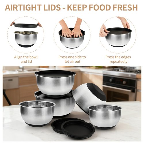 Deedro Premium Mixing Bowls with Airtight Lids Set, 22Pcs Thicker Stainless Steel Mixing Bowl Set, Large Prep Metal Bowls, Non-Slip Silicone Base Nesting Bowls for Kitchen, 1.5/2/3/4/5 QT, Black