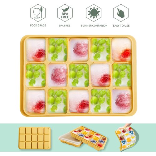 Tvmania Ice Cube Trays Set of 2, Easy Release 15 Flexible Silicone Ice Cube Molds with Removable Lid Reusable Freezer Ice Trays Stackable for Whiskey, Baby Food, BPA Free (yellow)