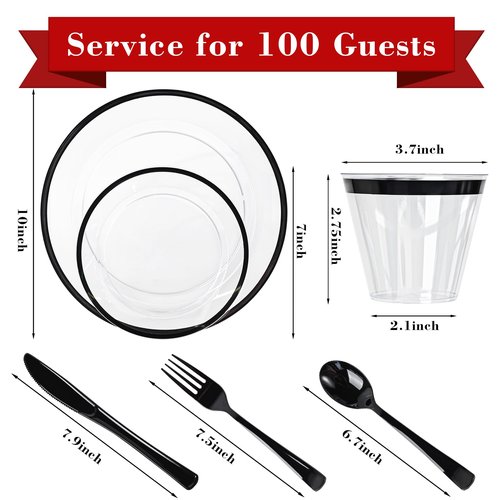 N9R 600PCS Clear and Black Disposable Plates Set, Heavy Duty Plastic Dinnerware Set for 100 Guests Includes 100 Dinner & Dessert Plates, Cups, Spoons, Forks, and Knives, Perfect for Parties, Weddings