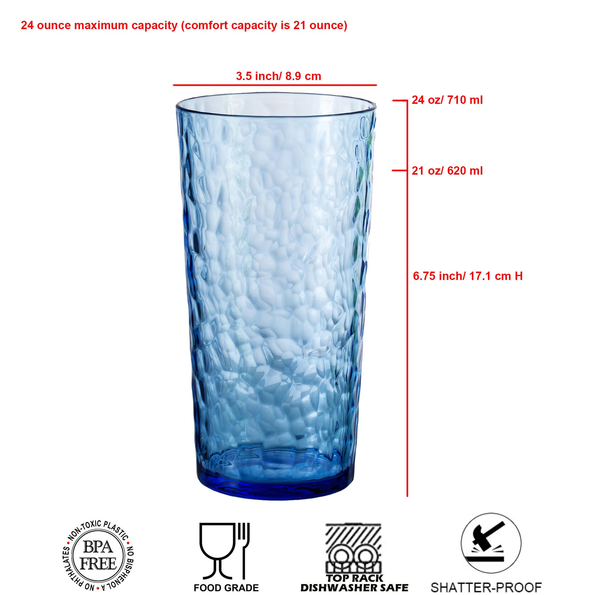 ZAINCA 24-ounce Plastic Tumblers, Acrylic Drinking Glasses High-Balls, Reusable Plastic Cups, set of 12 Multicolor Hammered Style Stackable, BPA-Free, Shatter-Proof, Dishwasher-Safe
