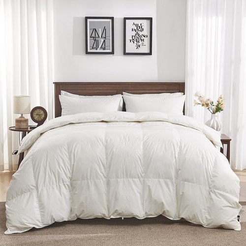 Oaken-Cat Goose Feather Down Fiber Comforter Queen Size - 100% Organic Cotton Shell All Season Duvet Insert, Medium Warmth Hotel Luxury Bedding Comforter(90x90 Inch, White)