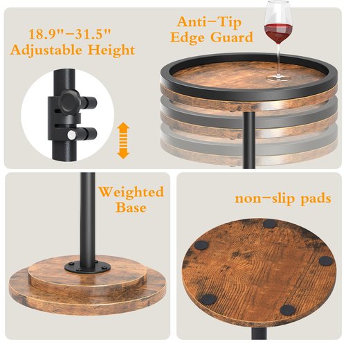 Kificet Small Side Table, Drink Table, Height Adjustable Round End Table, Pedestal Side Table for Small Spaces in Living Room, Bedroom, Brown