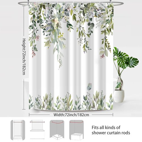 CTOTSYC Eucalyptus Shower Curtains for Bathroom, Sage Green Watercolor Leaves with Floral Shower Curtain Sets with Hooks, Waterproof Fabric Botanical Bathroom Decor, 72x72 Inches