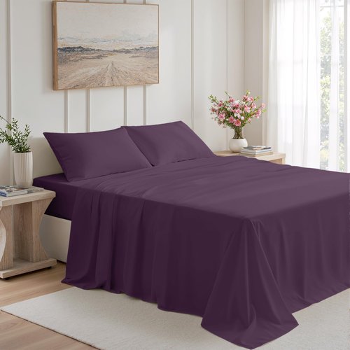 USXIBEI 4 Piece Sheet Set - Comfy Breathable & Cooling Bed Sheets Set, Soft and Wrinkle Free, Deep Pockets, Easy & Secure Fit, Hotel Luxury Bedding for Women, Men - Oeko-Tex - (Purple,Queen)
