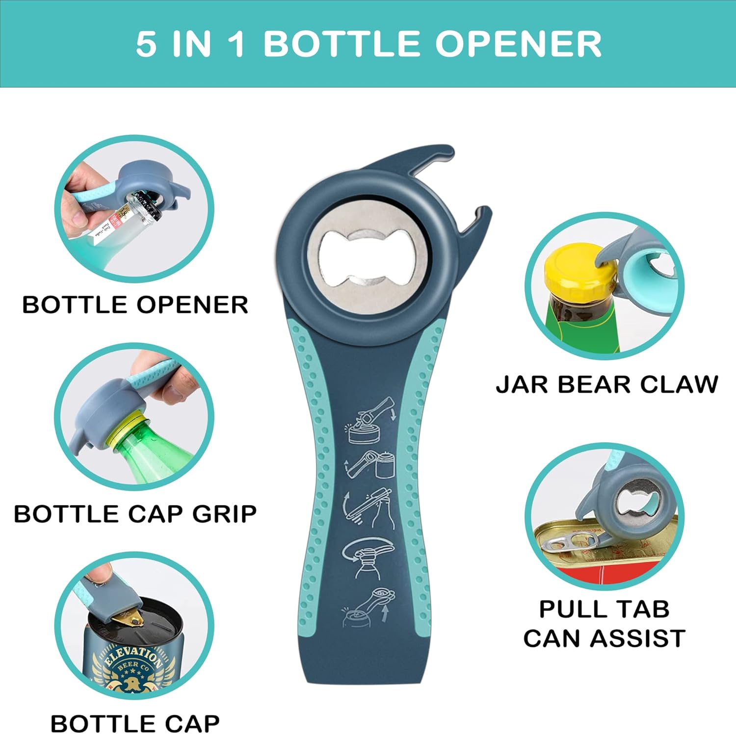 Skiennix Jar Opener - 5-in-1 Multi-Function Tool for Seniors & Arthritic Hands | Non-Slip Grip & Corkscrew (Blue)