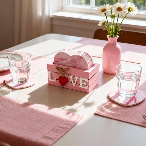 Pink Coasters Set of 6 for Mom from Daughter,Cute Wooden Coaster with Holder for Office Desk,Hearts Coasters for Drinks,Housewarming Gifts Birthday Gifts for Women Grandma