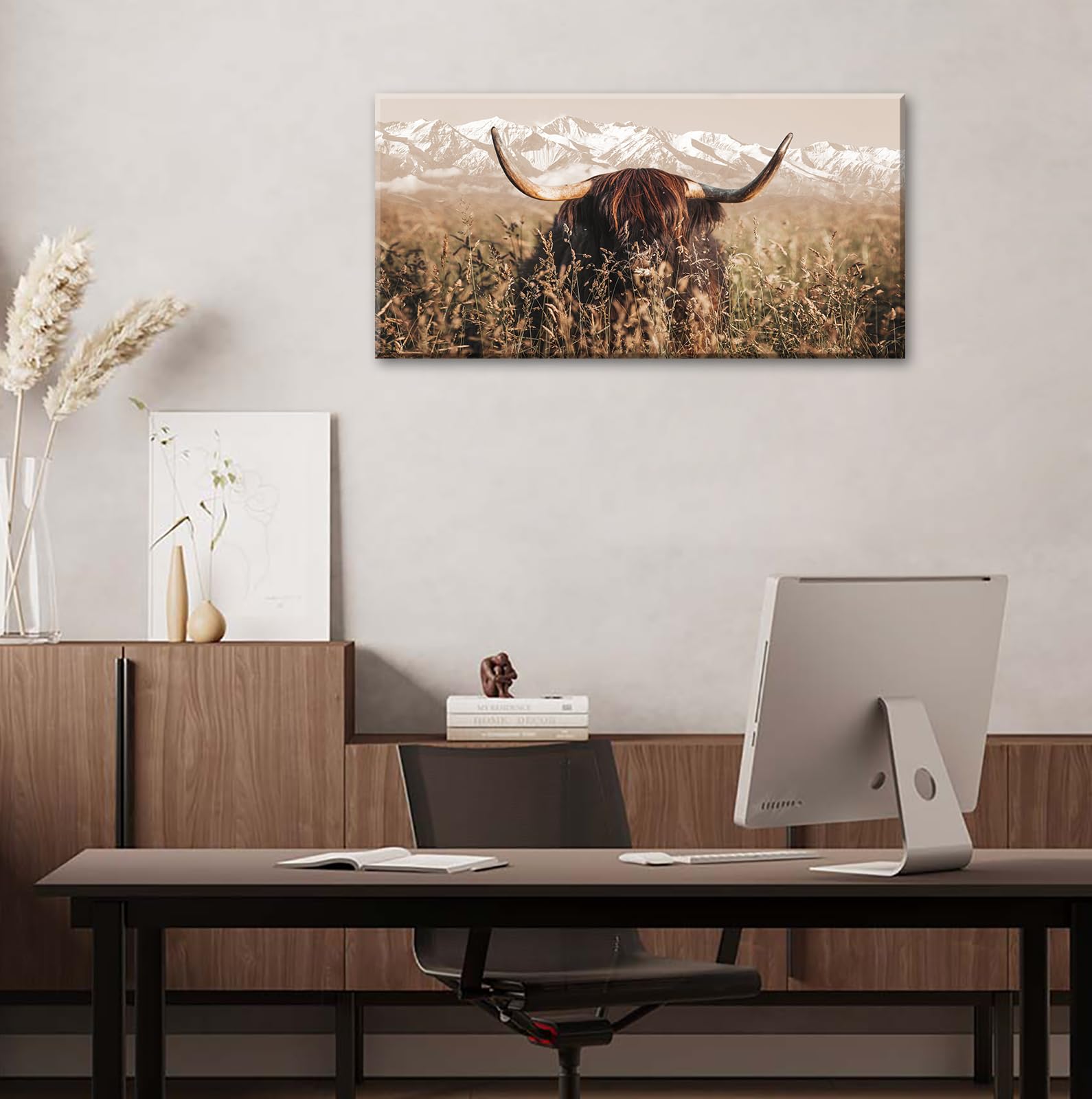 DJSYLIFE Highland Cow Wall Art Farmhouse Decor Canvas Printed Country Cow Pictures Western Rustic Modern Artwork Decorations for Bedroom Office Living Room Framed Ready to Hang 20" x 40"