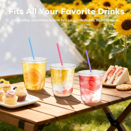 Etersky 50 Pack 12 oz Clear Cups with Flat Lids and Straws, Disposable To Go Iced Coffee Cups, Plastic Cold Drink Smoothie Party Cups for Home, Office, Daily Use