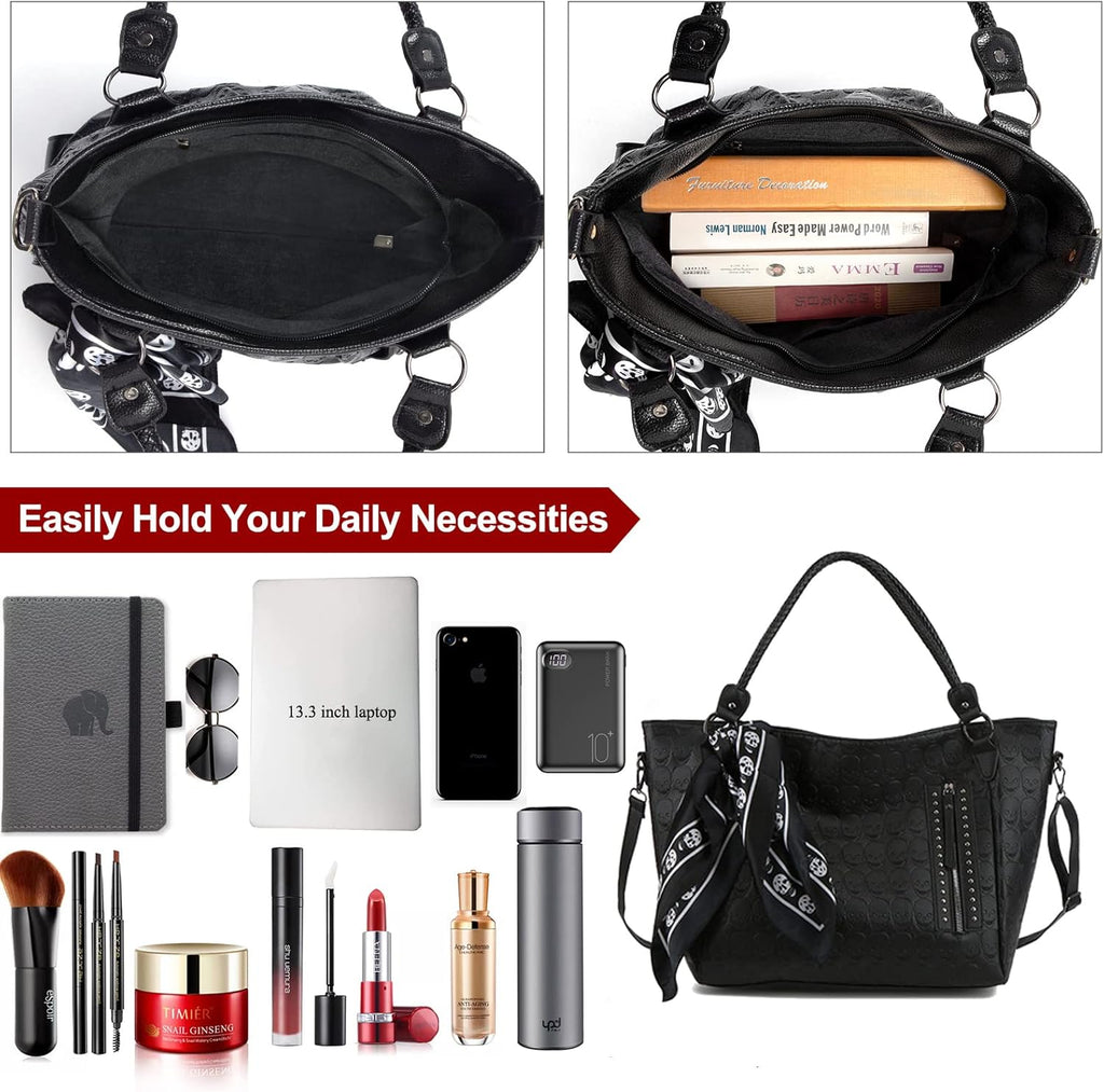 Zuoge Women’s Skull Tote Bag - Stylish Studded PU Leather Handbag & Wallet Set | 3-Piece Collection
