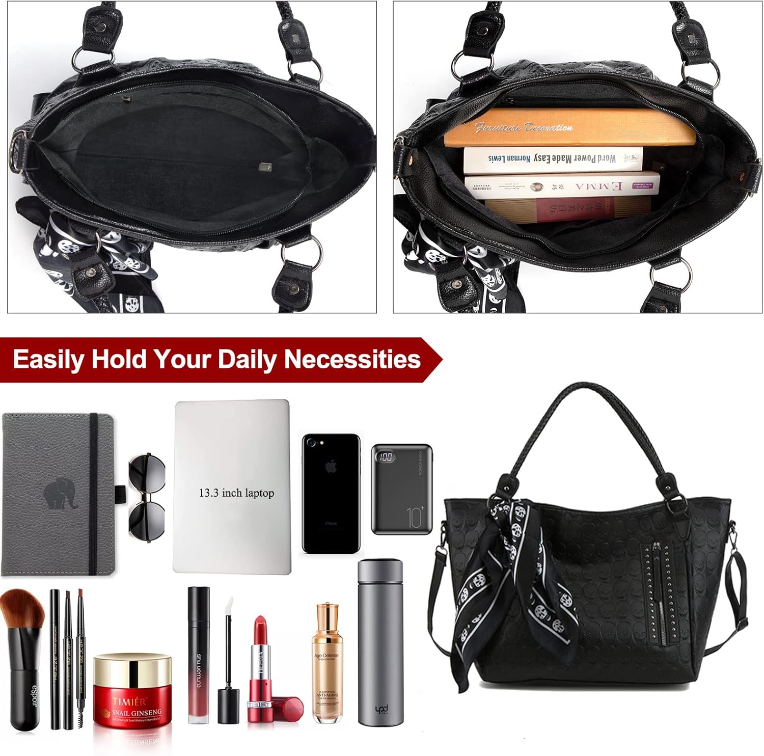 Zuoge Women’s Skull Tote Bag - Stylish Studded PU Leather Handbag & Wallet Set | 3-Piece Collection