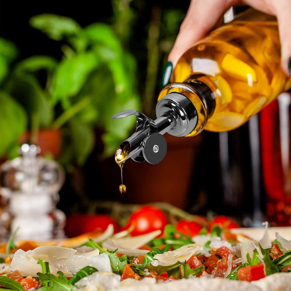 Weighted Stainless Steel Bottle Pourers, Auto Flip Feature Self Closing Olive Oil Dispenser Spout with 1 Cleaning Brush, Liquor Pour Spouts for Pours Liquid, Olive Oil, Wine, Vinegar (Black)