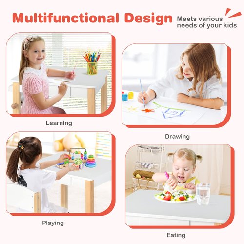 Costzon Kids Table and Chair Set, Toddler Art Table with Paper Roll, Drawer, 2 Marker Pens, Wooden Activity Table, Suitable for Playroom, Nursery, Gift for Boys Girls