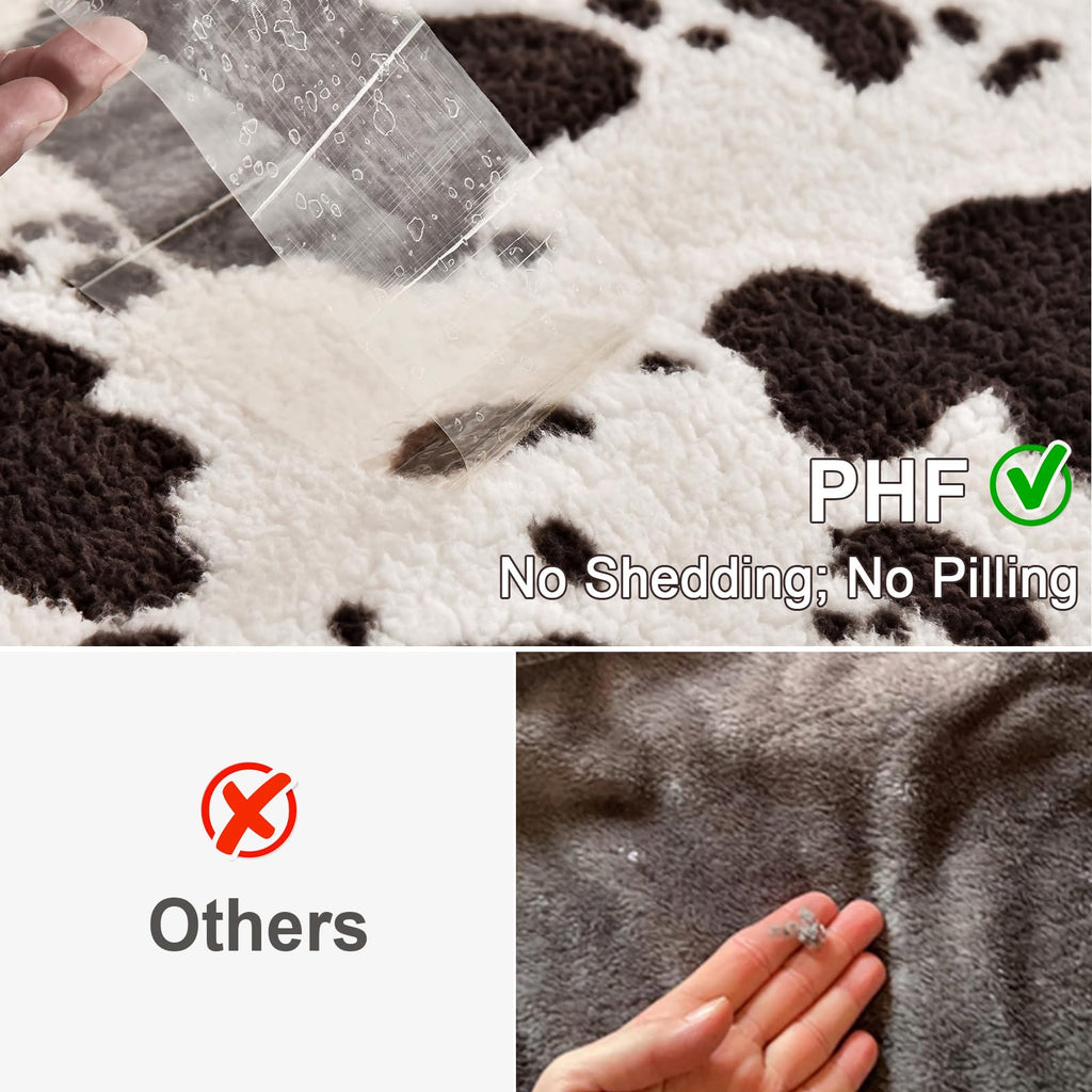 PHF Cute Cow Print Sherpa Blanket King Size for Women Men Adults, Reversible Thick and Warm Blanket for Winter, Ultra Soft Fuzzy Animal Pattern Bedding for Bed Sofa Couch, 108x90, Brown